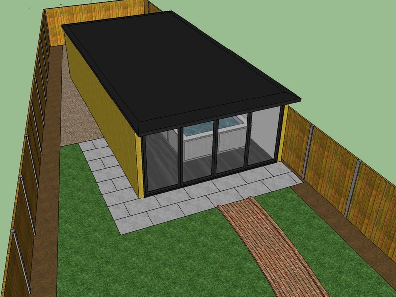  A digital architectural 3D rendering of a large garden room with a flat black roof, large glass sliding doors, and a surrounding patio and lawn design 